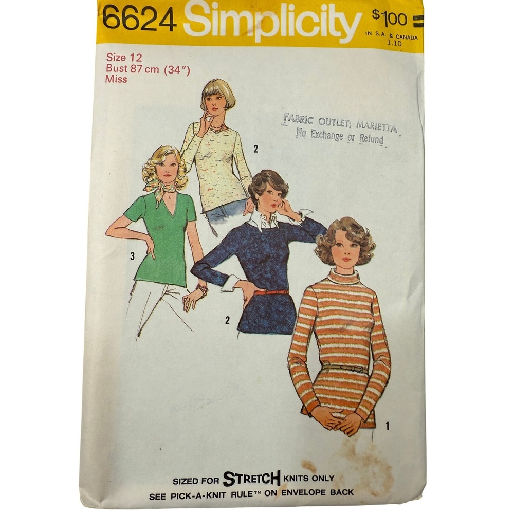 Vintage 1974 Simplicity 6624 Misses Knit Top Sewing Pattern Uncut 12 70's Shirts